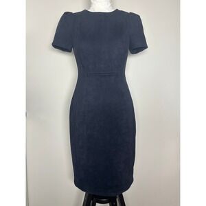 Calvin Klein Navy Blue Faux Suede Sheath Dress Short Puff Sleeve Gold Zip Size 4